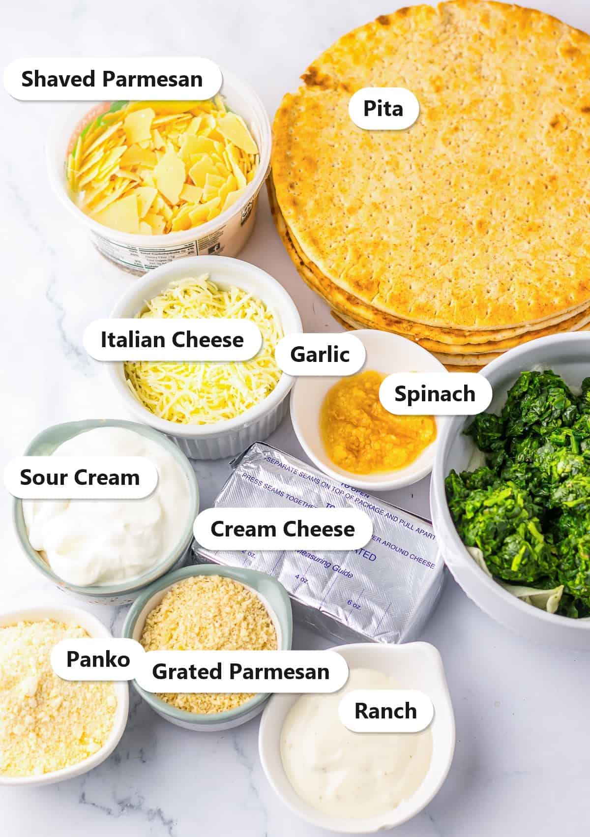 Labeled ingredients for copycat Longhorn hot spinach dip including cream cheese, spinach, cheeses, panko, and ranch.