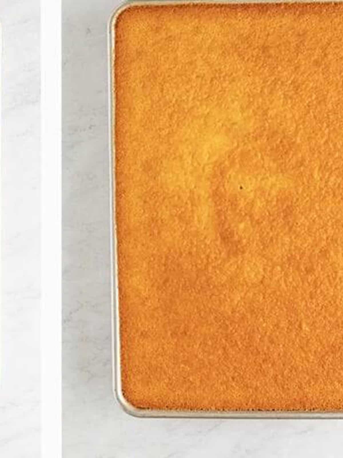 Golden baked 7Up sheet cake fresh out of the oven in the pan.