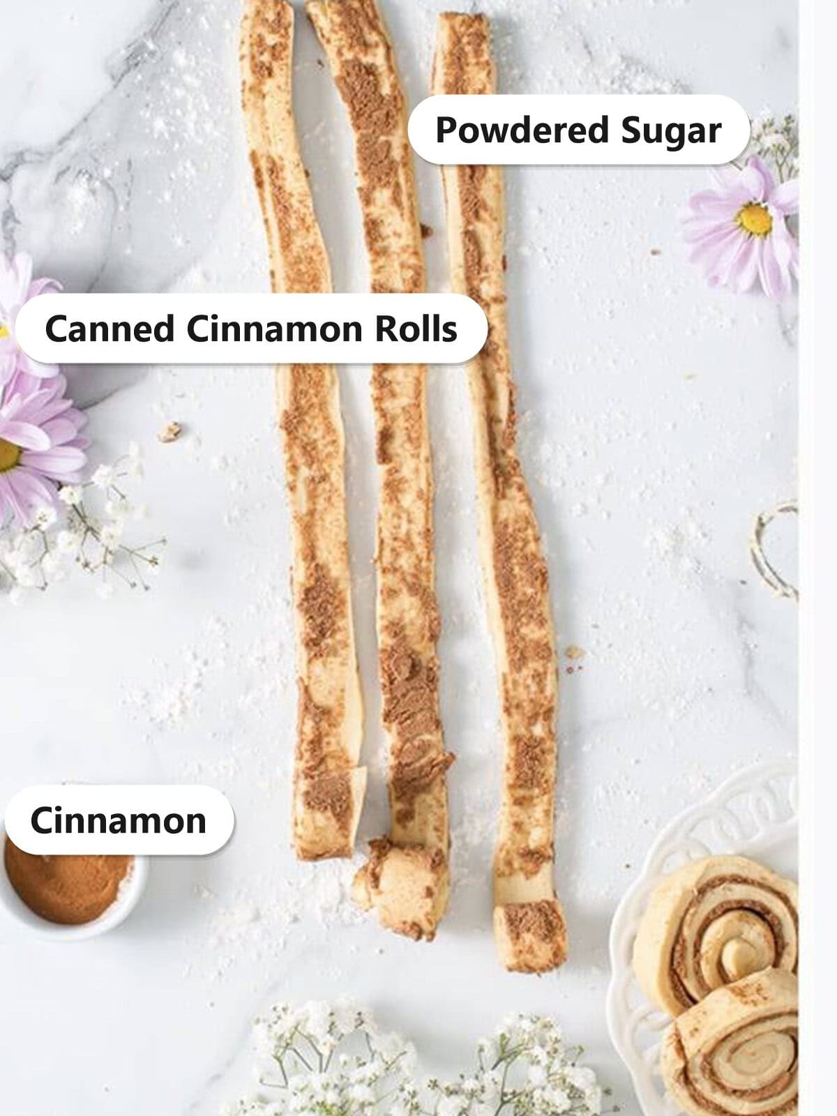 Ingredients to make Mini Cinnamon Rolls labeled including canned cinnamon roll dough, powdered sugar, and cinnamon.