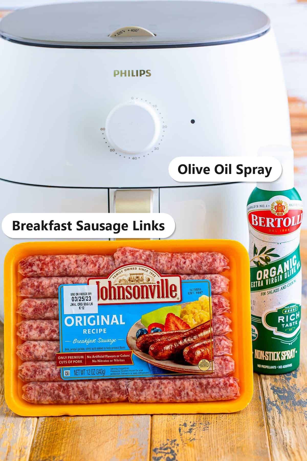 Labeled ingredients for air fryer breakfast sausage links including Johnsonville breakfast sausage links and olive oil spray.