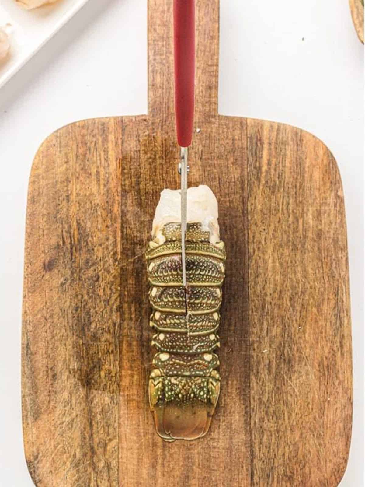 Cutting the top of a lobster tail shell with kitchen shears.