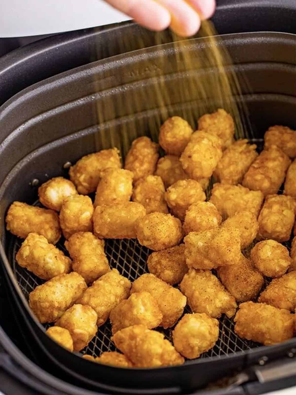 Seasoned salt sprinkled over tater tots in the air fryer basket.