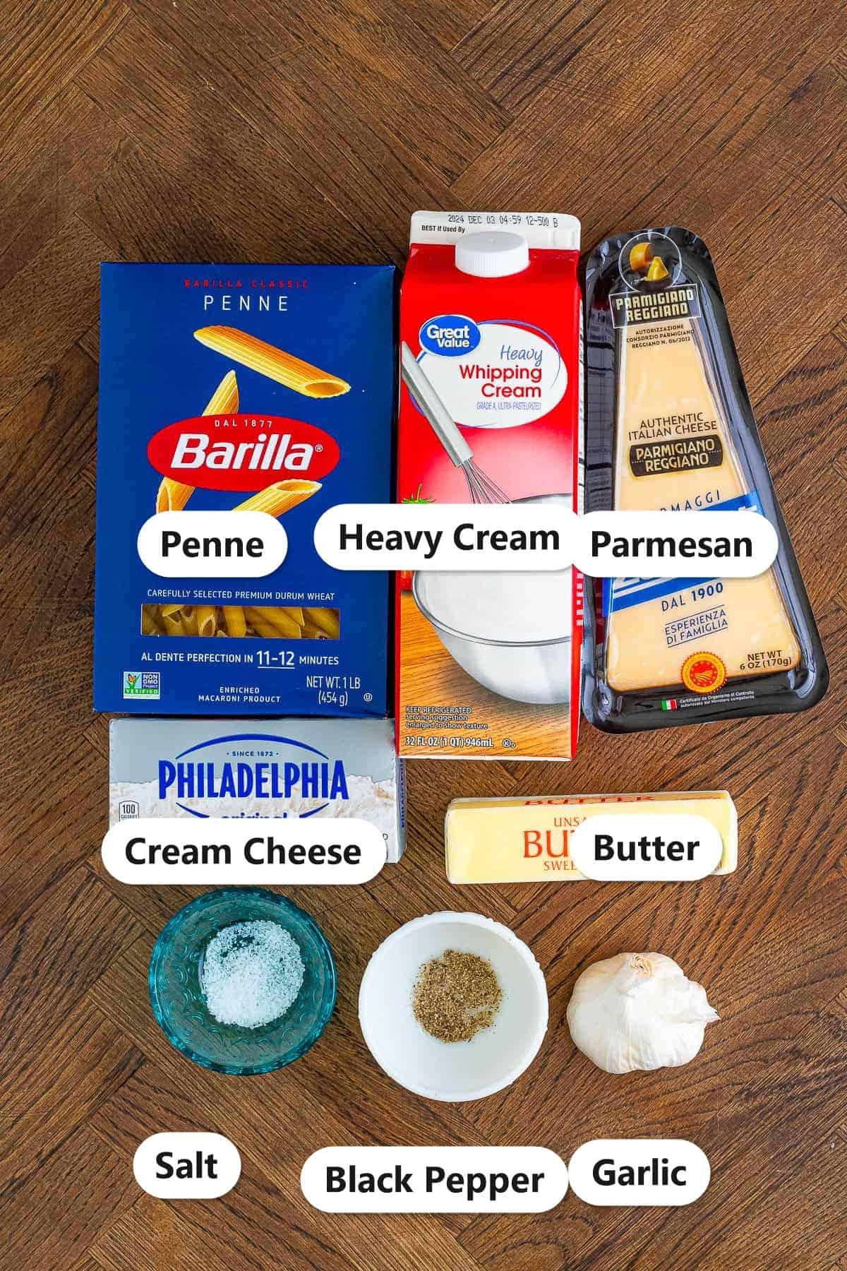 Labeled ingredients for alfredo pasta including penne, heavy cream, Parmesan, cream cheese, butter, salt, black pepper, and garlic.