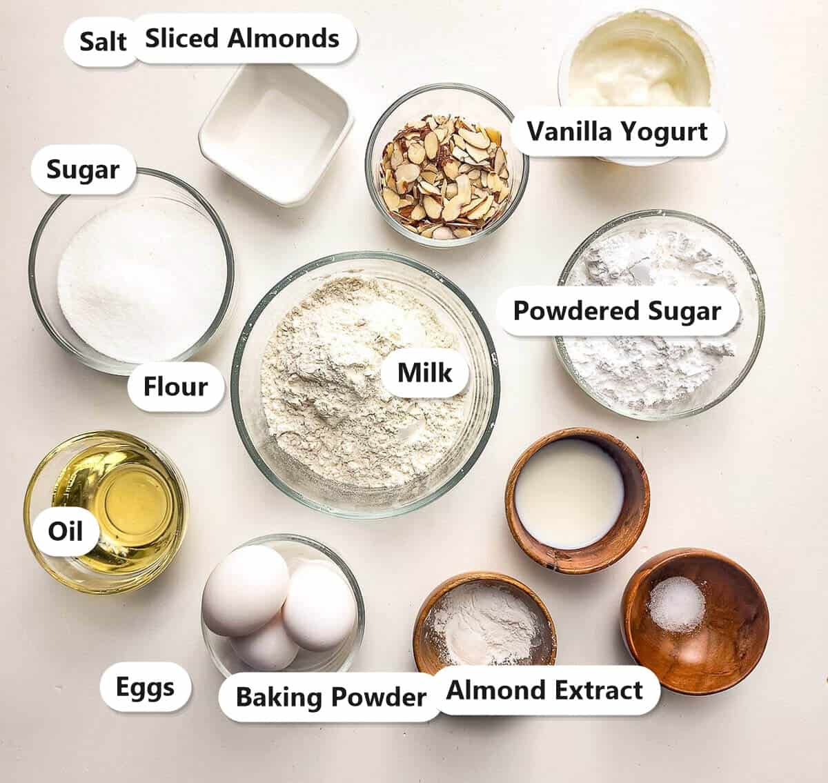 Labeled ingredients for almond cake including yogurt, flour, sugar, eggs, oil, almond extract, sliced almonds, and milk.