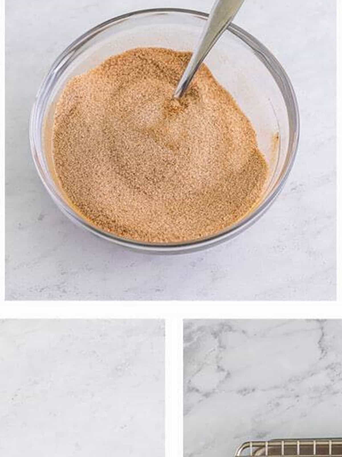 Cinnamon and sugar mixed together in a bowl for coating apple pie egg rolls.