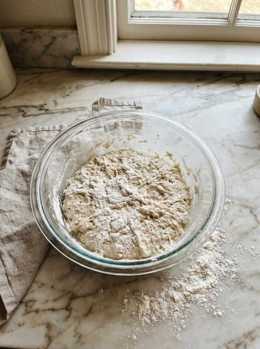 Shaggy no-knead artisan bread dough rising in a glass bowl dusted with flour.