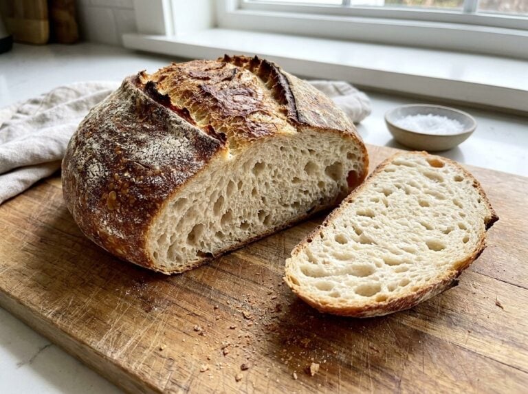 A rustic round artisan bread loaf with a golden crust, sliced to show the soft airy crumb.