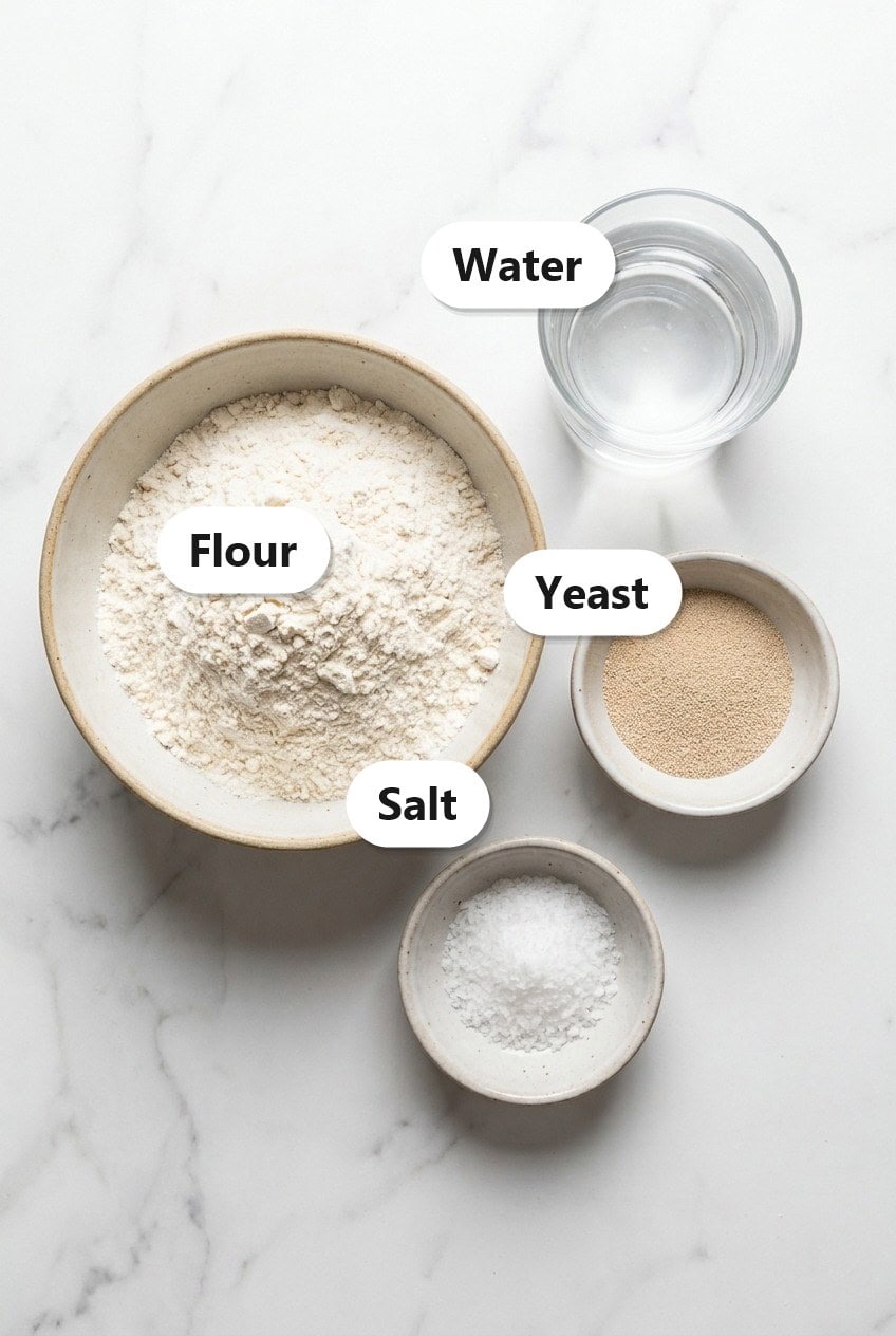 Labeled ingredients for artisan bread including flour, water, yeast, and salt.