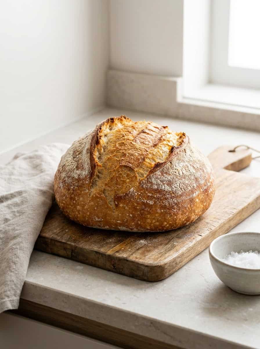 A whole round crusty artisan bread boule on a wooden board.