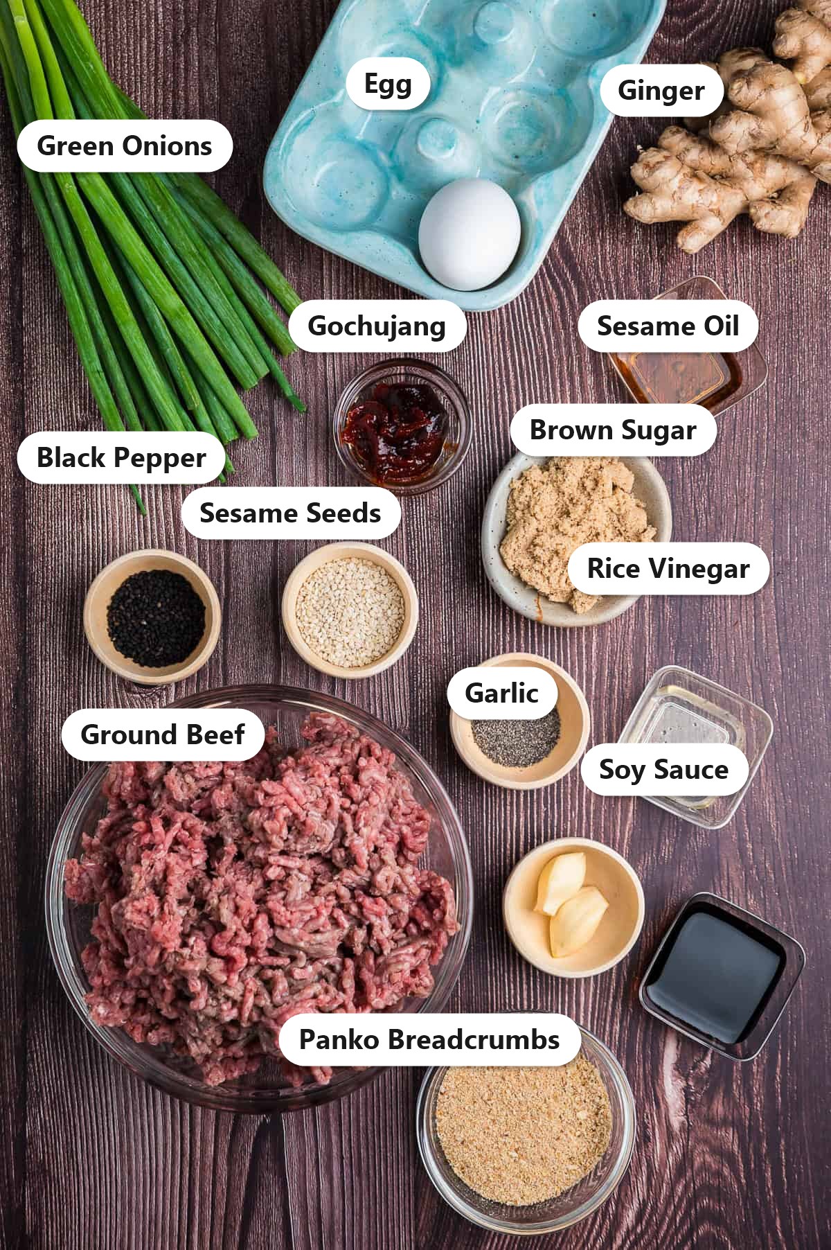Labeled ingredients for Asian meatballs including ground beef, panko, egg, garlic, green onions, soy sauce, sesame oil, gochujang, ginger, brown sugar, and rice vinegar.