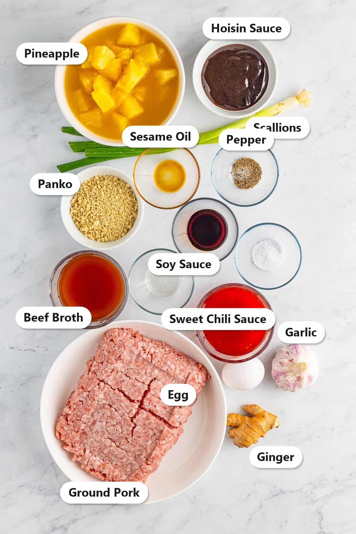 Labeled ingredients for Asian pork meatballs including ground pork, panko, egg, garlic, ginger, scallions, pineapple, hoisin, soy sauce, sweet chili sauce, and beef broth.