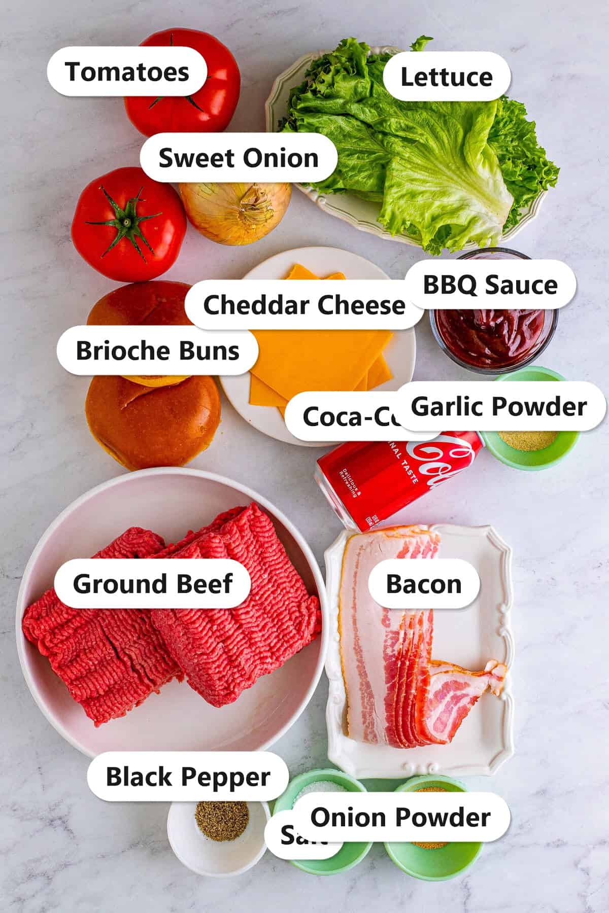 Labeled ingredients to make a bacon cheeseburger with Coca-Cola onions.