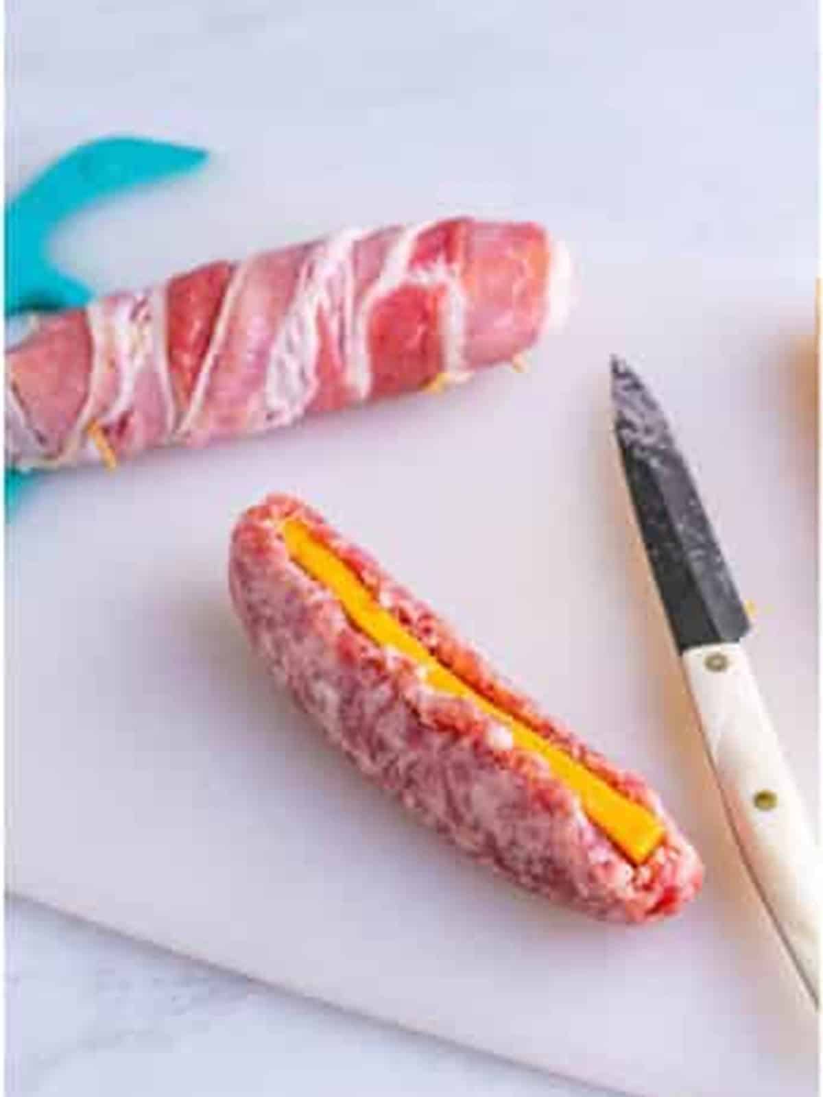 A bratwurst sliced and stuffed with a strip of cheddar.