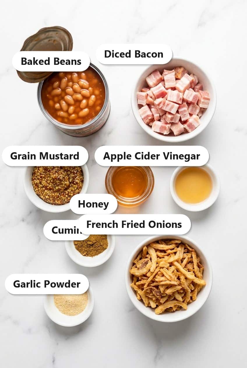 Labeled ingredients for stove top baked beans including canned baked beans, diced bacon, grain mustard, honey, apple cider vinegar, cumin, garlic powder, and french fried onions.
