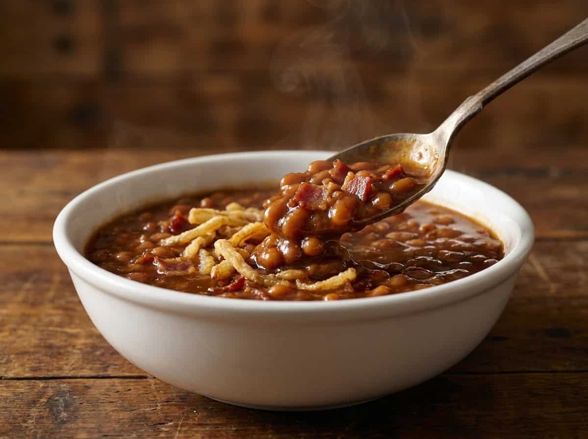 A spoonful of thick, saucy baked beans with crispy bacon and french fried onions lifted from a white bowl.