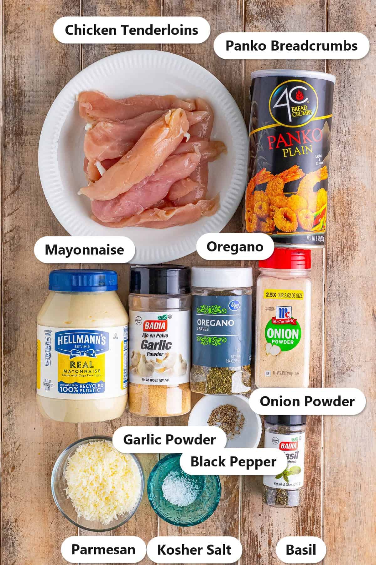 Labeled ingredients for baked chicken tenders including chicken tenderloins, parmesan, mayonnaise, panko breadcrumbs, and seasonings.