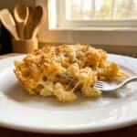 A serving of creamy baked mac and cheese with a golden panko breadcrumb topping on a white plate.
