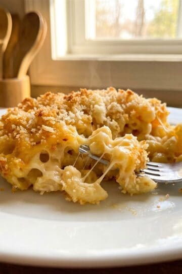 A serving of creamy baked mac and cheese with a golden panko breadcrumb topping on a white plate.