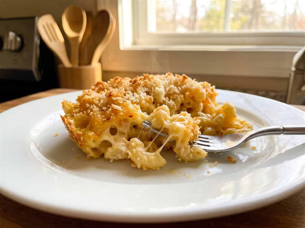 A serving of creamy baked mac and cheese with a golden panko breadcrumb topping on a white plate.