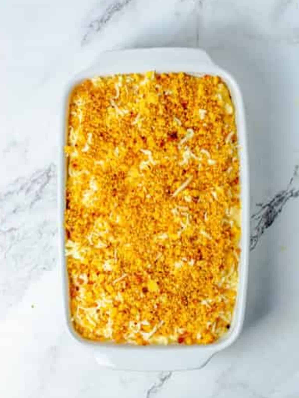 Golden Baked Mac and Cheese with a crisp cornbread crust fresh from the oven.