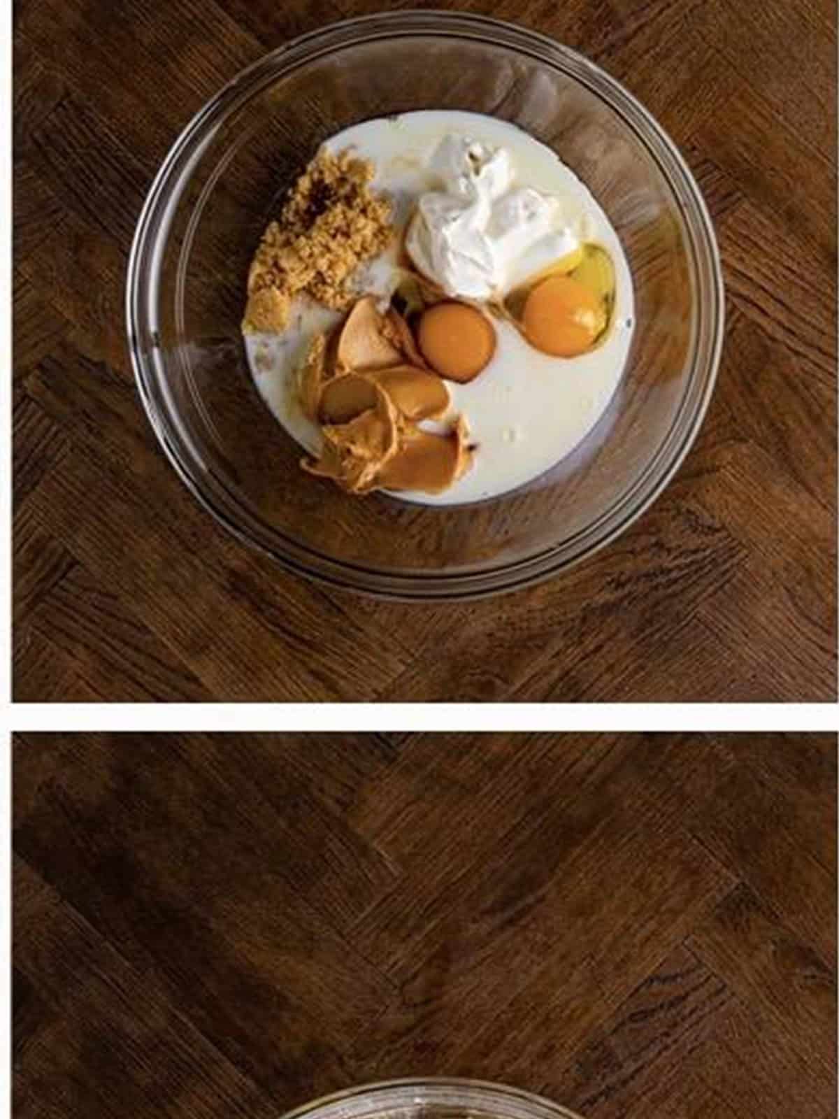 Brown sugar, eggs, peanut butter, sour cream, and milk combined in a bowl.
