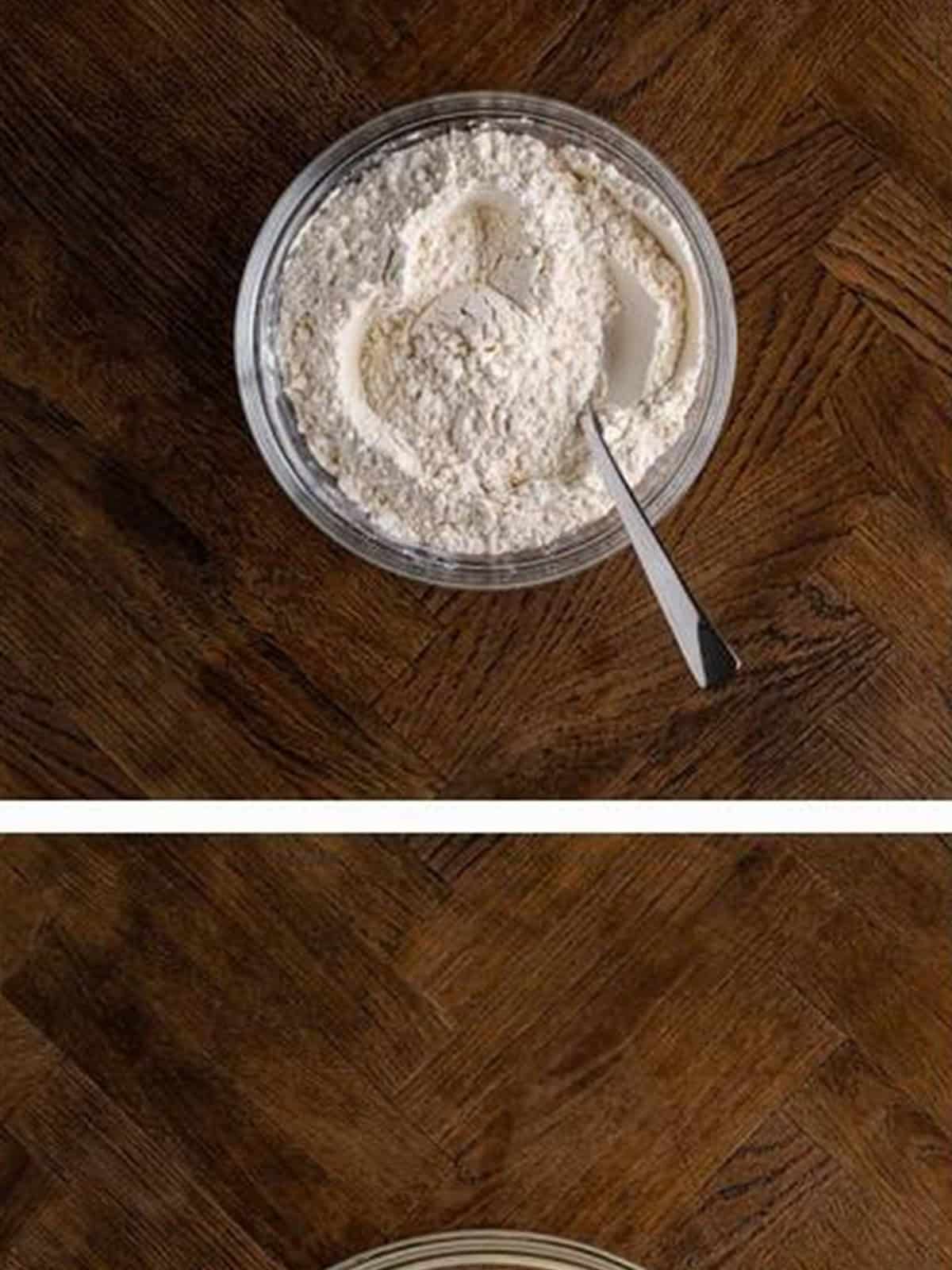 Flour, baking powder, and salt whisked together in a bowl for baked peanut butter donuts.