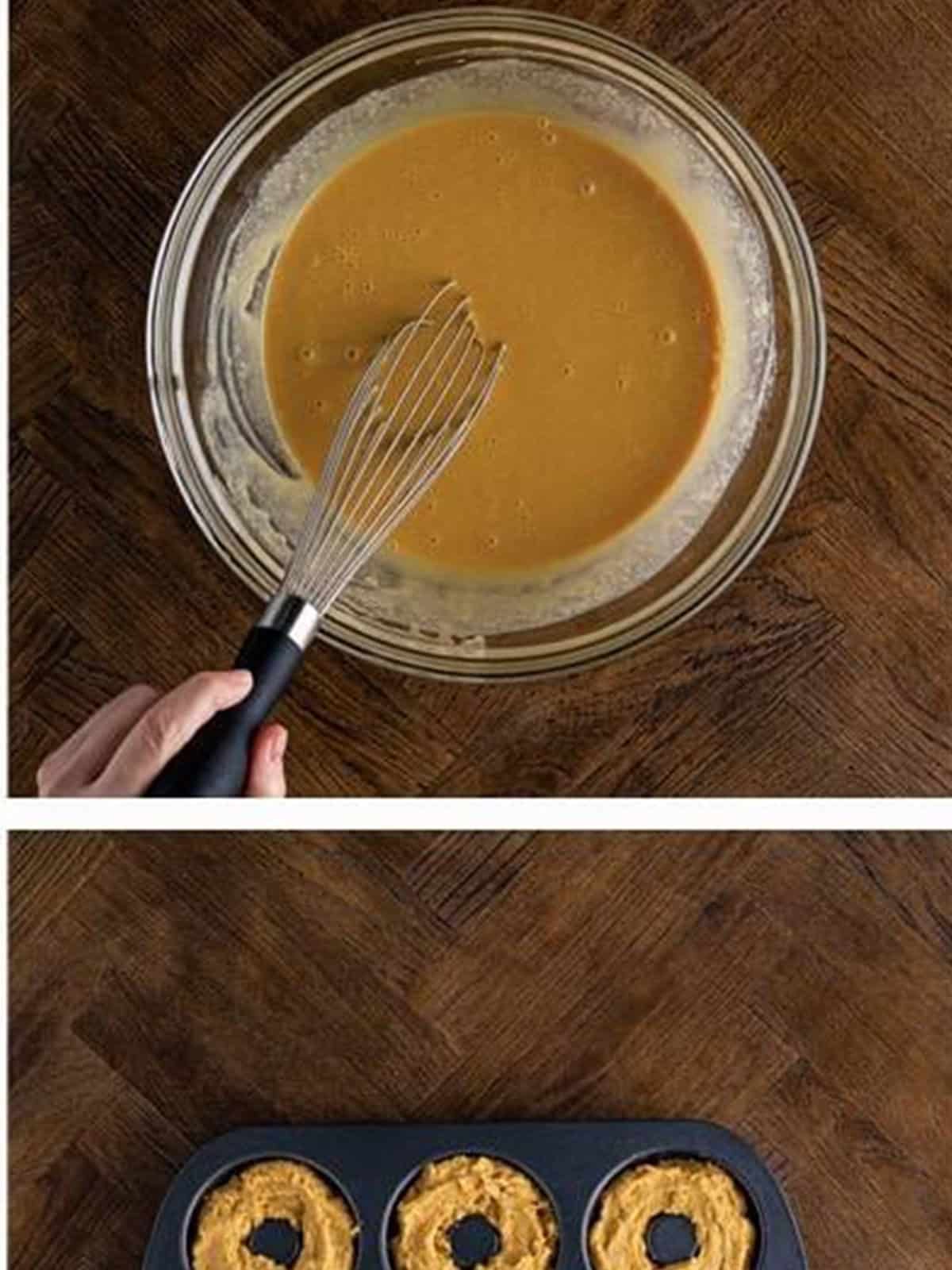 Wet ingredients whisked smooth into a peanut butter batter base.