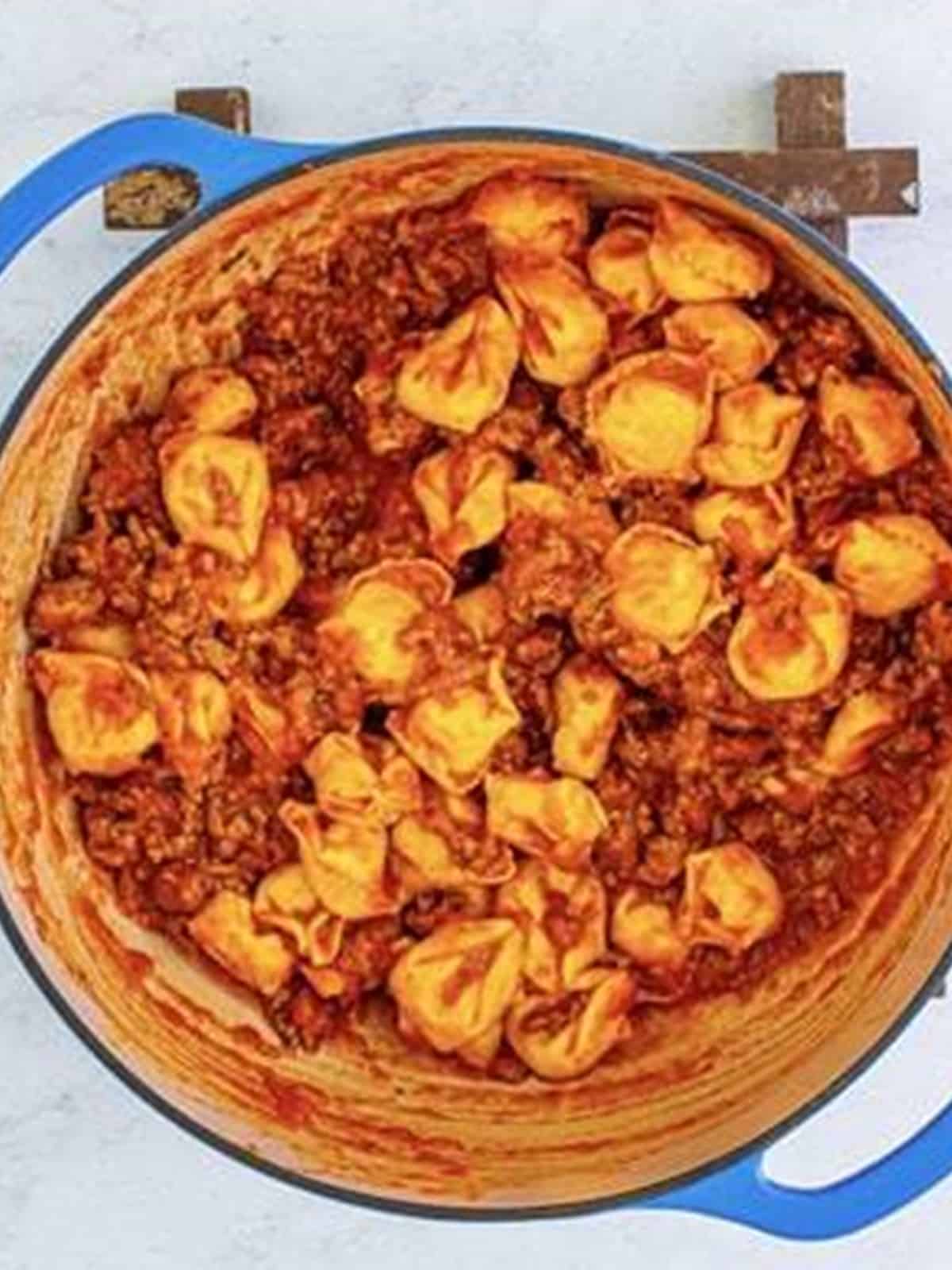 Cheese tortellini stirred into the meat and marinara sauce.