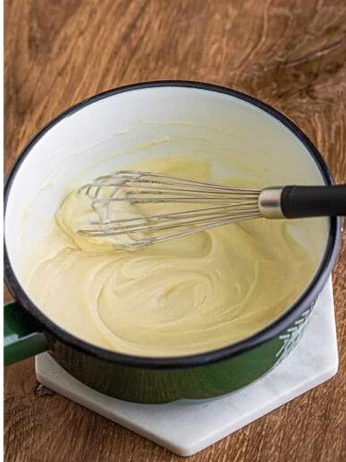 The flour and milk mixture cooked until thick and smooth.