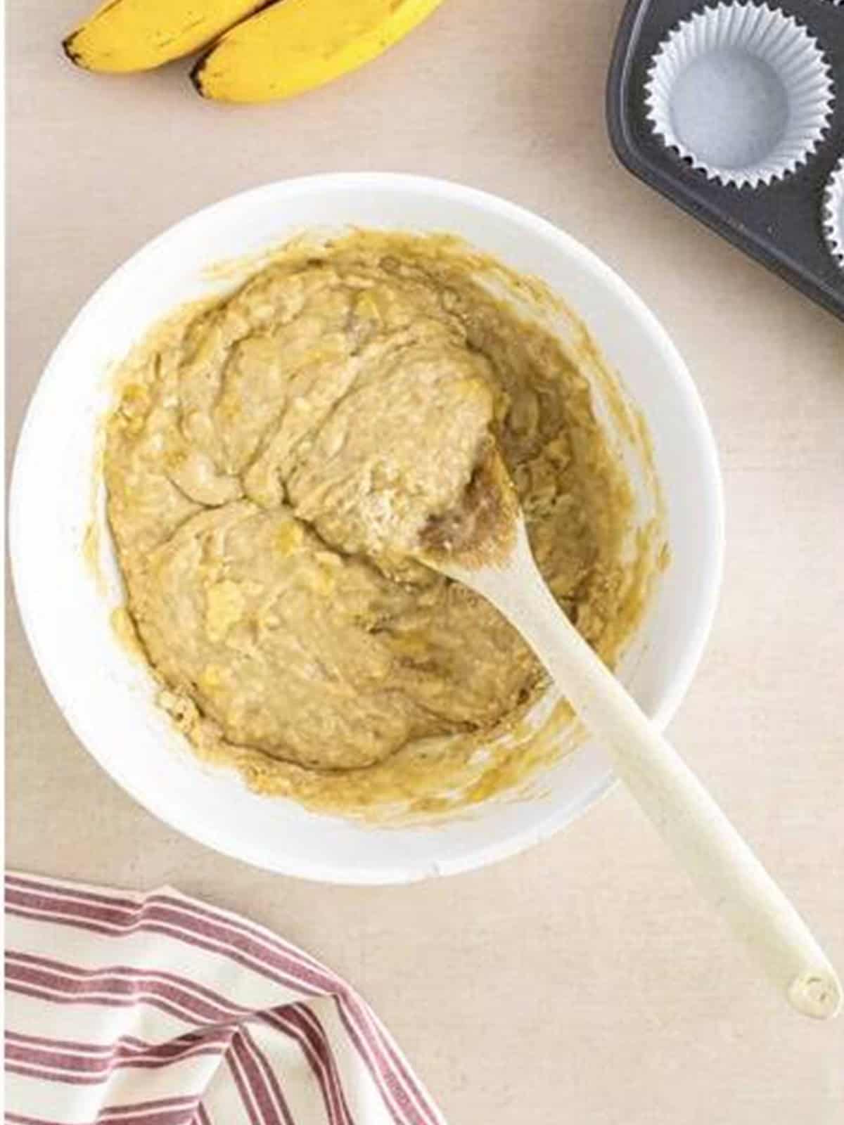 Banana cupcake batter mixed together with a spatula until just combined.