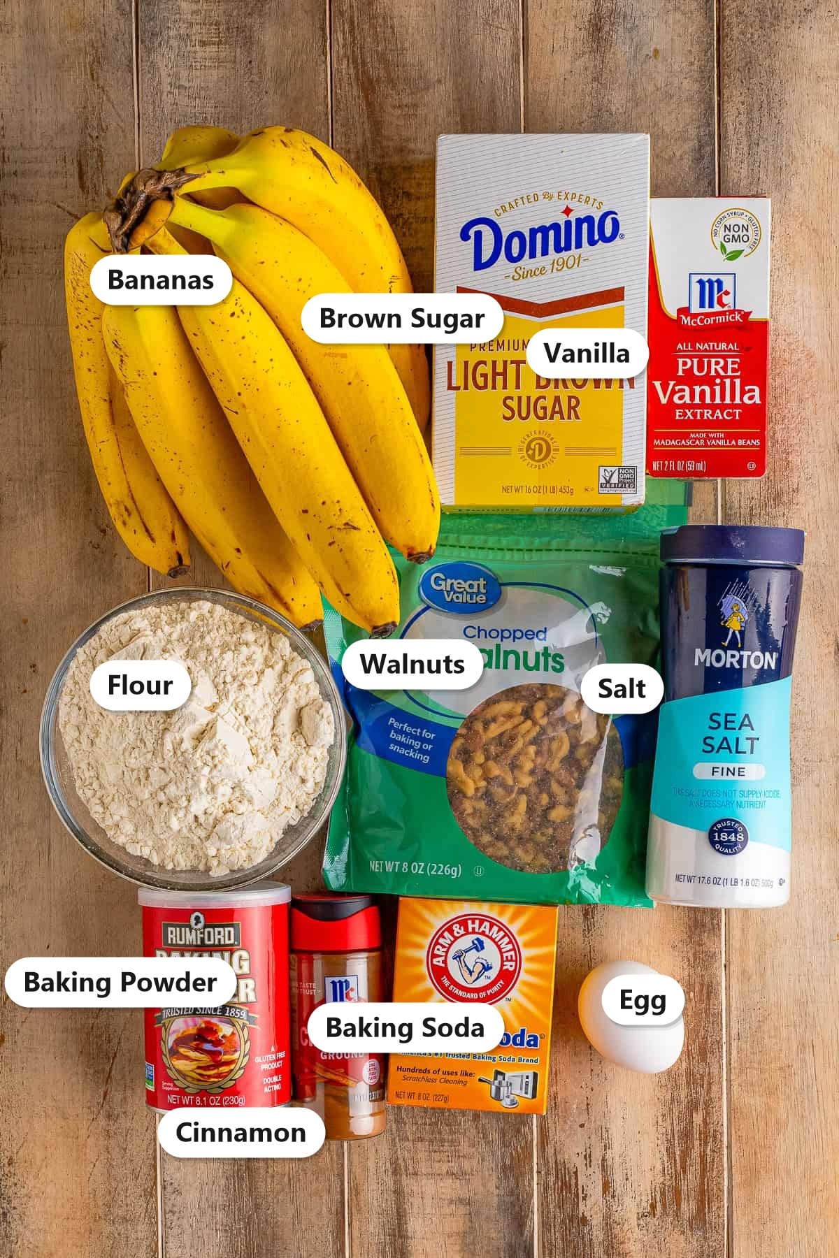 Labeled ingredients for banana nut muffins including bananas, brown sugar, vanilla, flour, walnuts, baking powder, cinnamon, baking soda, salt, and egg.