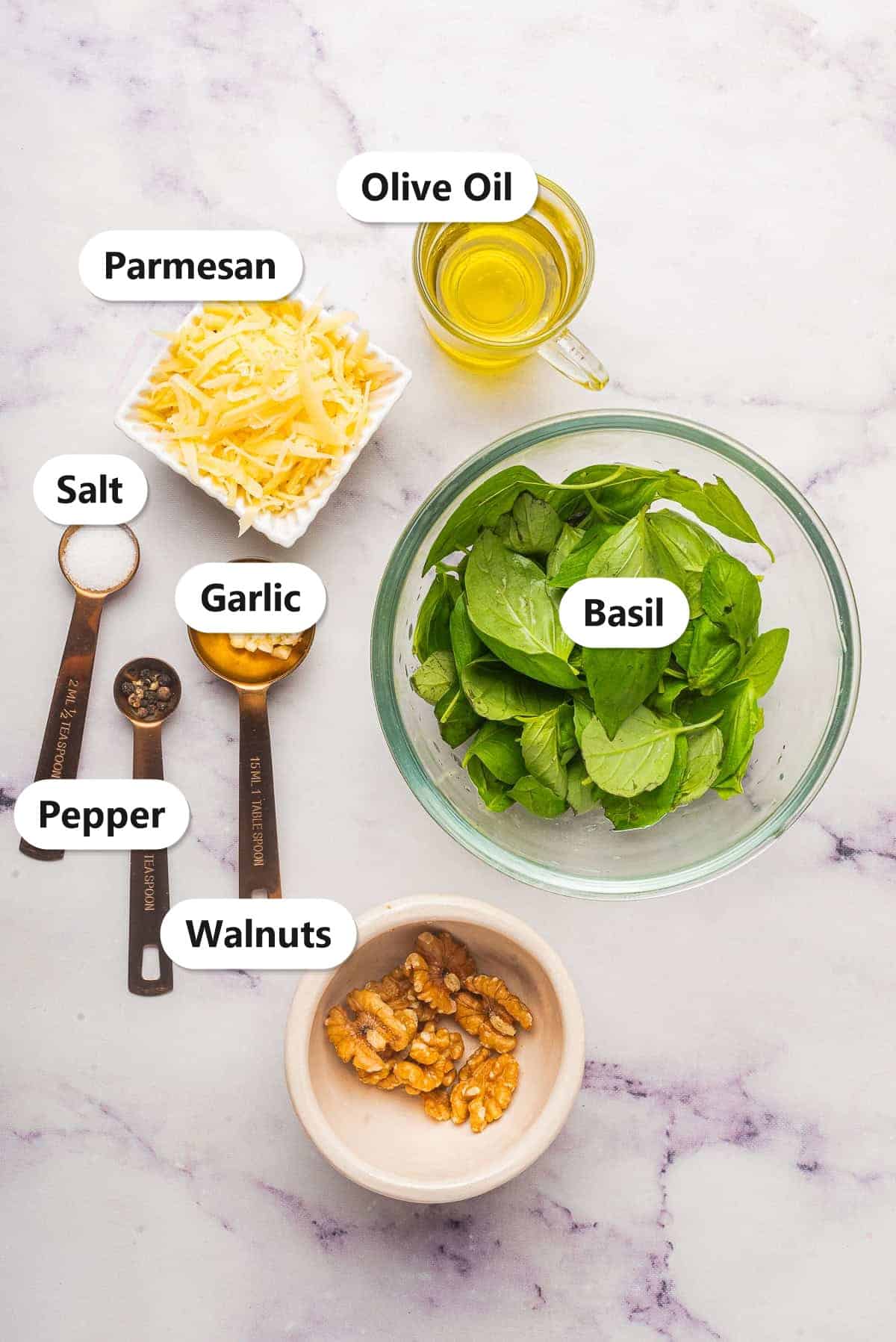 Labeled ingredients for basil pesto sauce including fresh basil, walnuts, garlic, olive oil, parmesan, salt, and pepper.