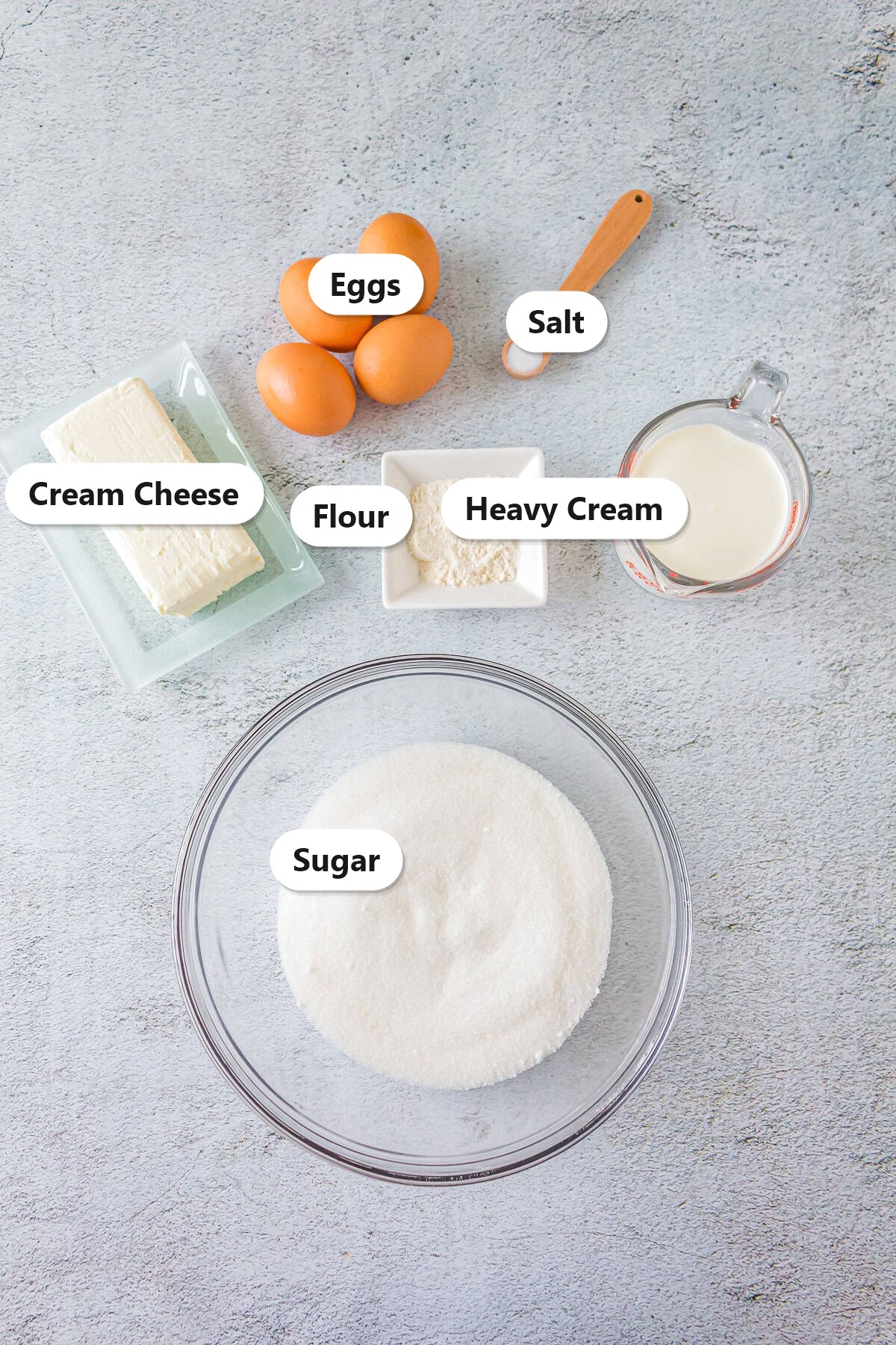 Basque cheesecake ingredients including cream cheese, sugar, eggs, heavy cream, flour, and salt labeled on a gray surface.