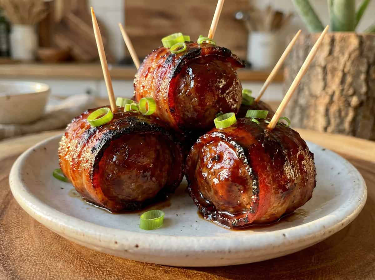 A close up of BBQ bacon wrapped meatballs glazed in barbecue sauce and topped with scallions.