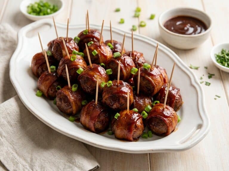 A white platter piled with glossy BBQ bacon wrapped meatballs on toothpicks garnished with sliced scallions.