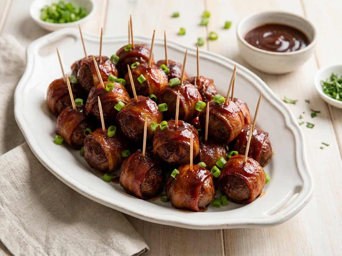 A white platter piled with glossy BBQ bacon wrapped meatballs on toothpicks garnished with sliced scallions.