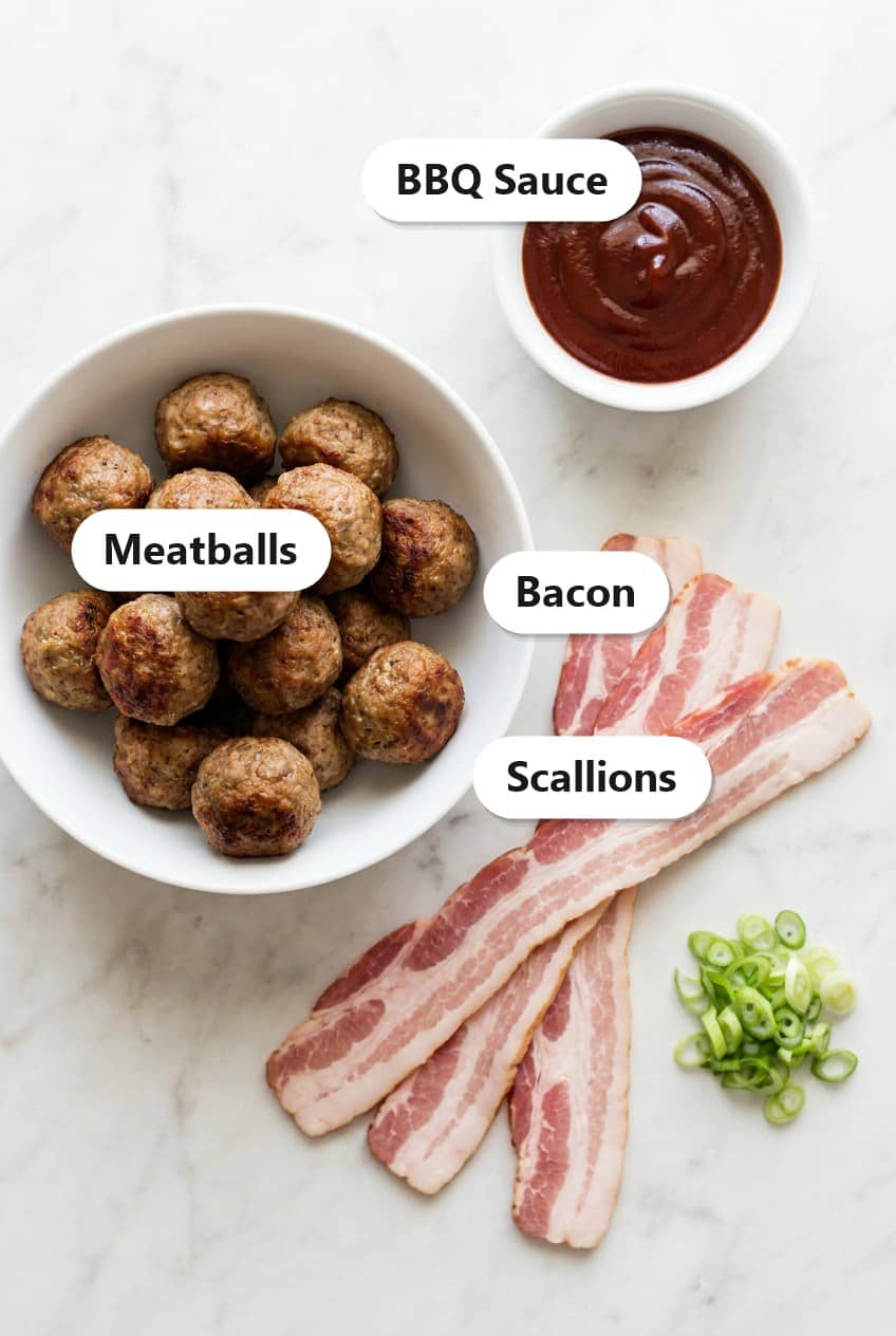 Labeled ingredients for BBQ bacon meatball appetizers including precooked meatballs, bacon, BBQ sauce, and scallions.
