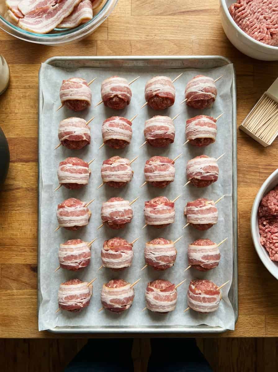 A sheet tray of bacon wrapped meatballs arranged in rows ready to bake.