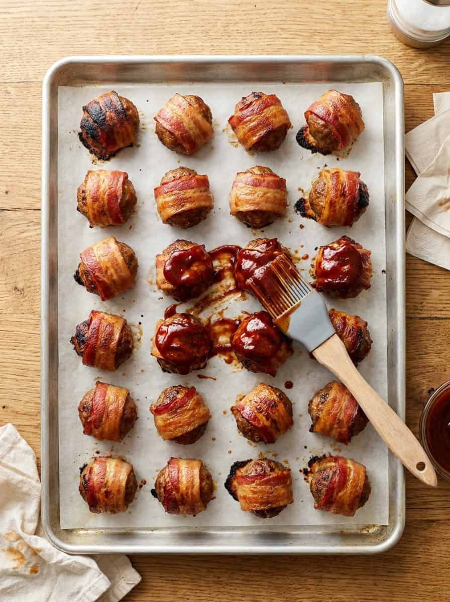 Baked bacon wrapped meatballs being brushed with BBQ sauce until glossy and caramelized.