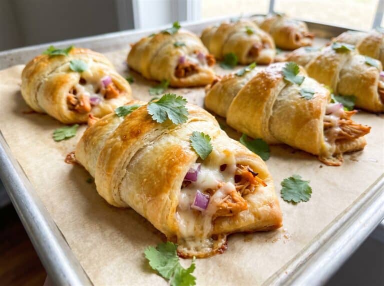 Golden baked BBQ chicken pizza crescent rolls on a baking sheet garnished with cilantro.