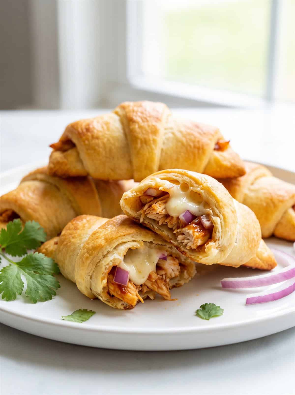 BBQ chicken pizza crescent rolls on a plate with one broken open to show the cheesy filling.