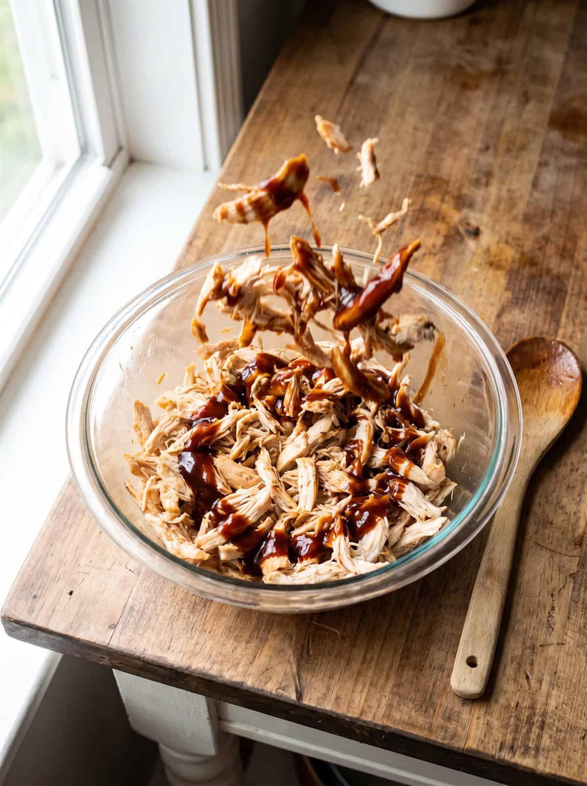 Shredded chicken tossed with BBQ sauce in a bowl.