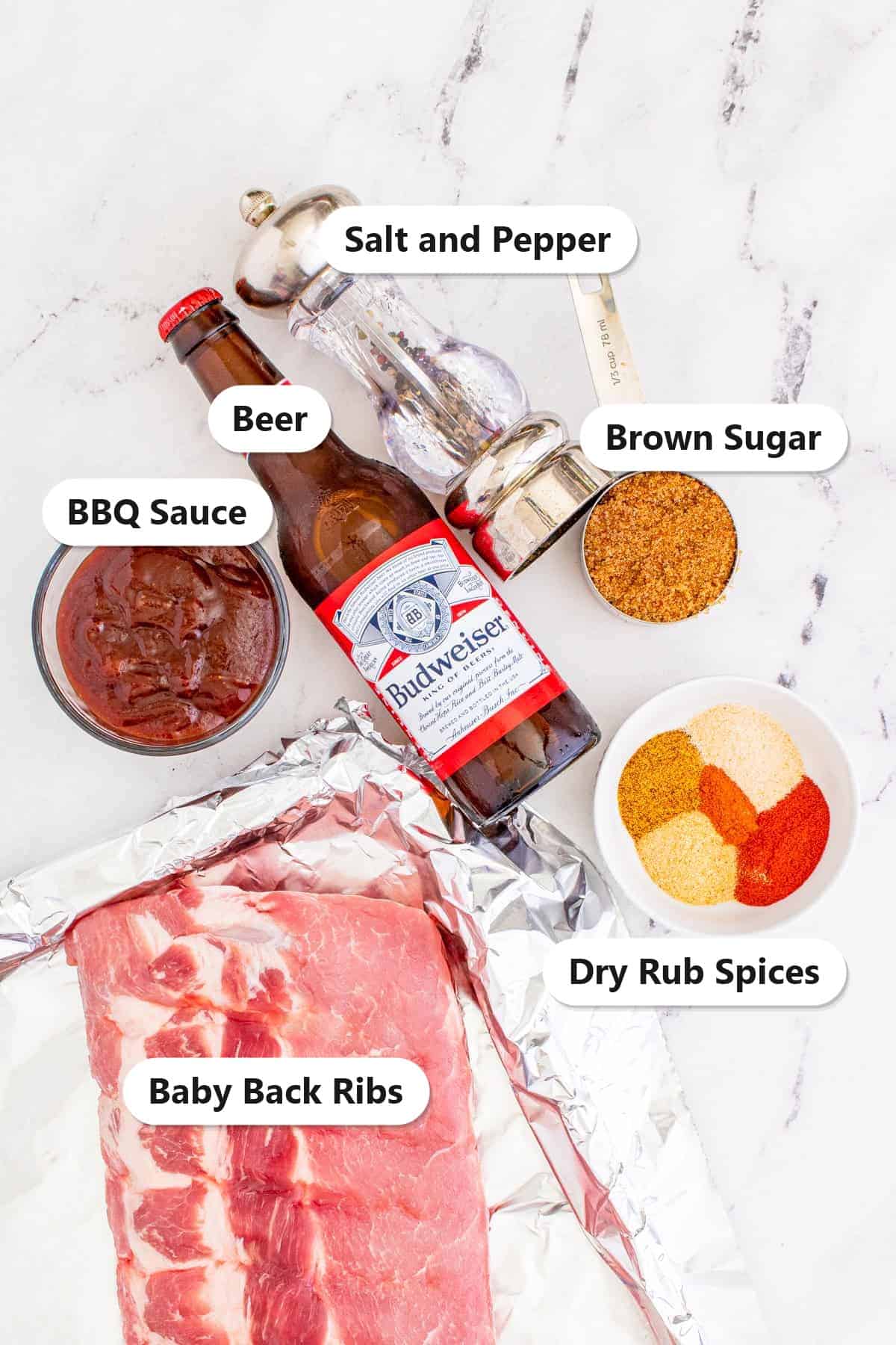 Labeled ingredients for BBQ ribs including a rack of baby back ribs, beer, BBQ sauce, brown sugar, dry rub spices, salt, and pepper.