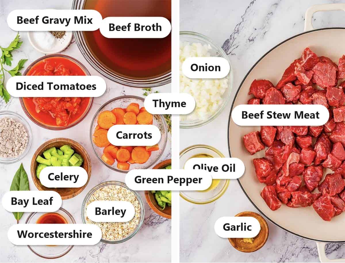 Labeled ingredients for beef barley soup including beef stew meat, carrots, celery, barley, broth, and diced tomatoes.