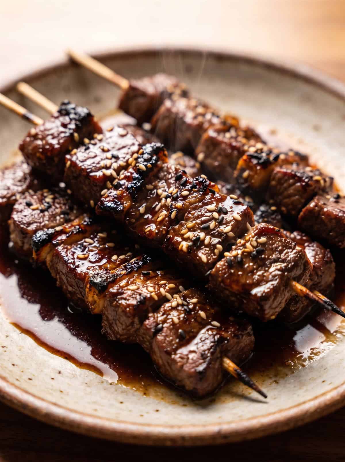 Close up of grilled Asian beef skewers with a glossy savory glaze and sesame seeds.