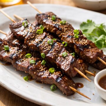 Grilled Asian beef skewers on a platter with char marks, sesame seeds, and green onions, served with a dipping sauce.