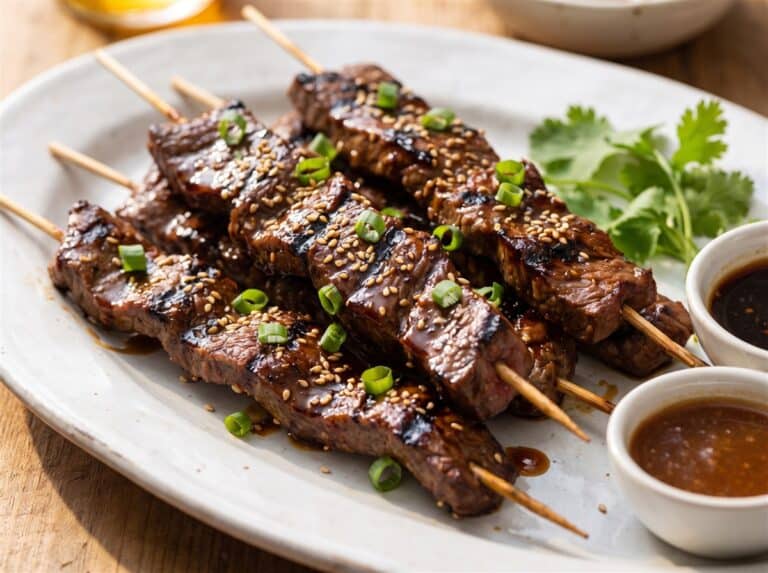 Grilled Asian beef skewers on a platter with char marks, sesame seeds, and green onions, served with a dipping sauce.