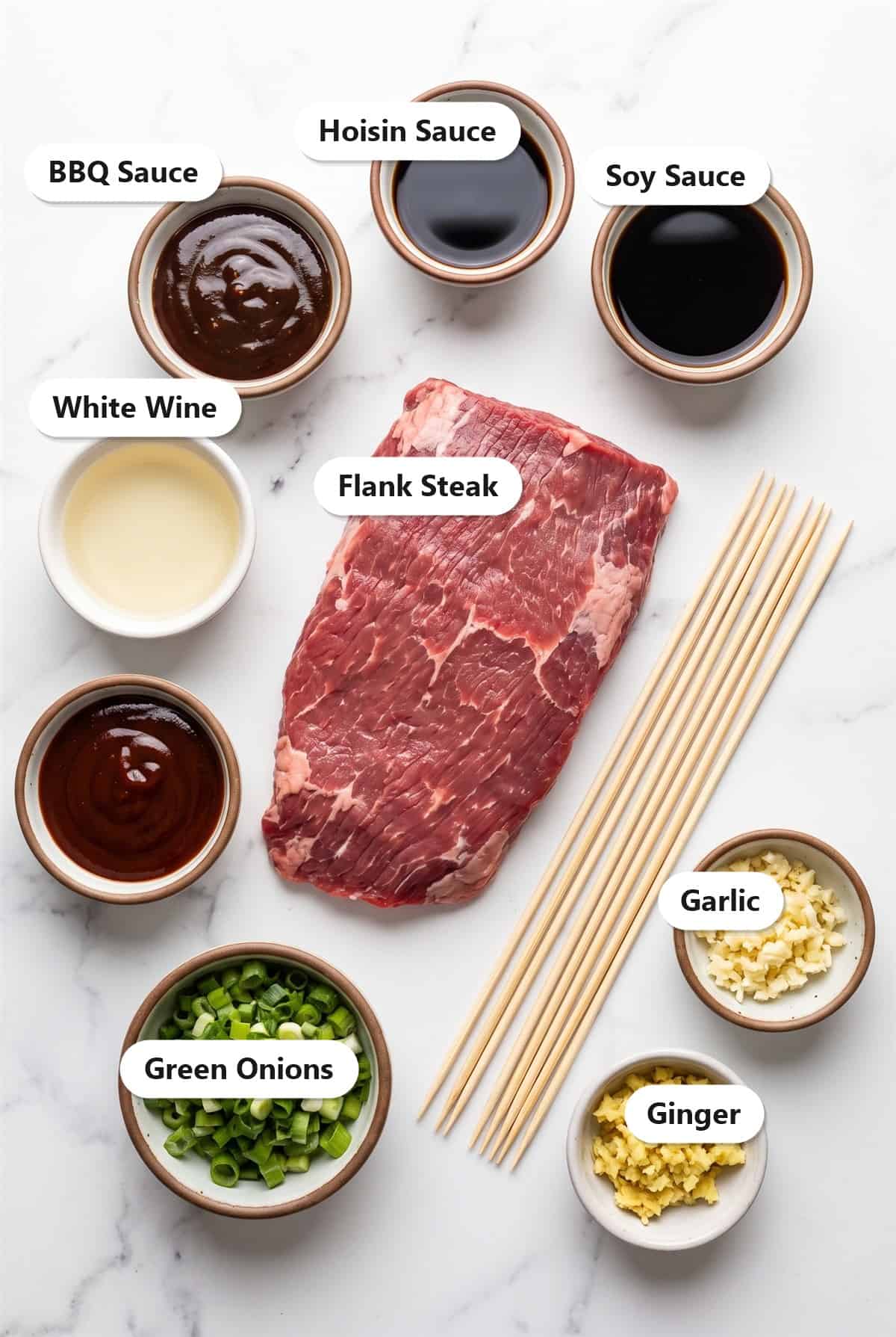Ingredients to make Asian beef skewers including flank steak, hoisin sauce, soy sauce, white wine, BBQ sauce, green onions, garlic, and ginger.