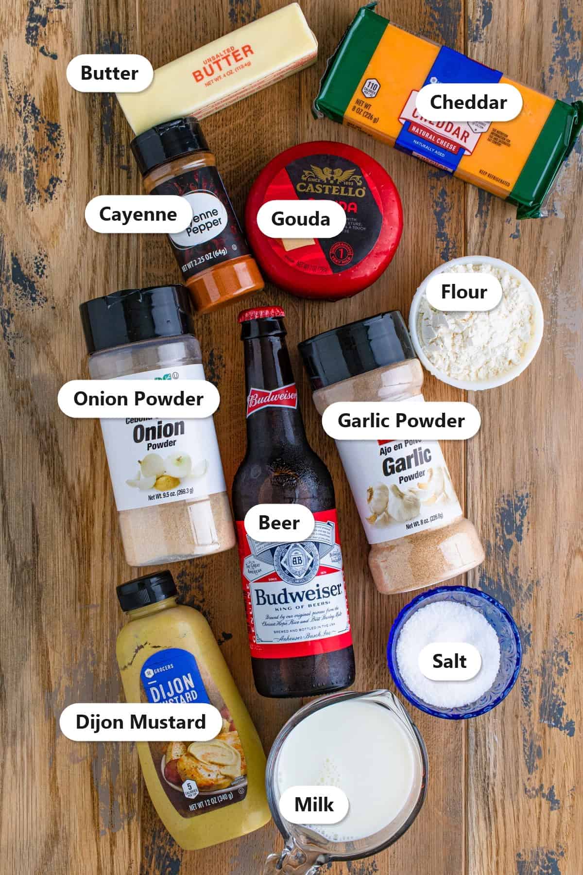 Labeled ingredients to make beer cheese dip including butter, cheddar, gouda, cayenne, flour, onion powder, garlic powder, beer, salt, dijon mustard, and milk.