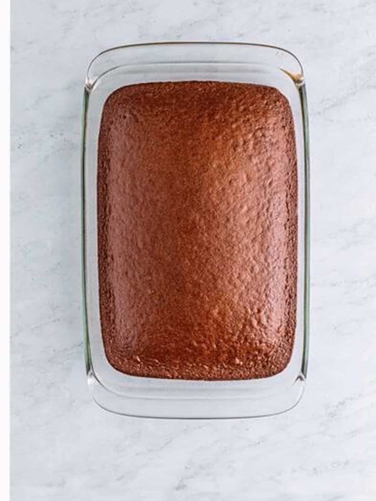 Baked devils food cake in a glass baking dish
